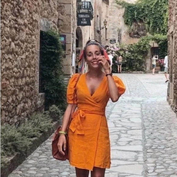 Zara Dresses Zara Orange Linen Puff Sleeve Wrap Mini Dress